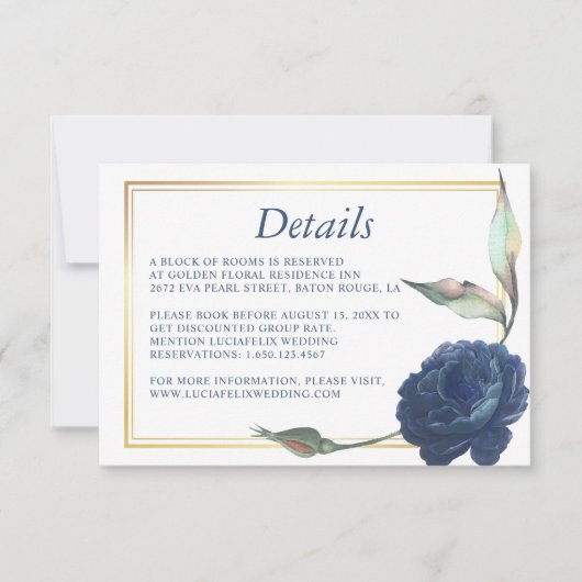 Gold Lijst Navy Blue Roos Wedding Detail-kaart Kaart (Voorkant)