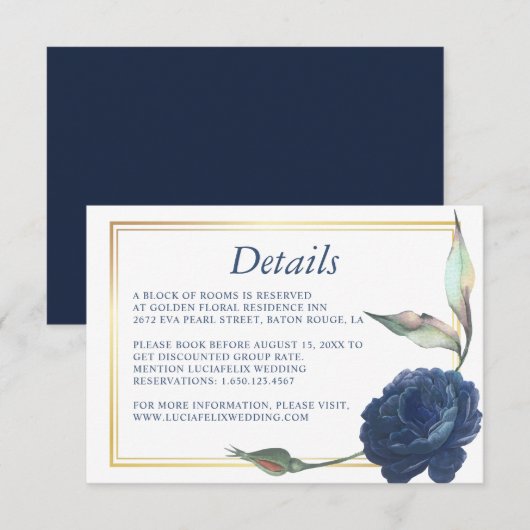 Gold Lijst Navy Blue Roos Wedding Detail-kaart Kaart (Voorkant / Achterkant)