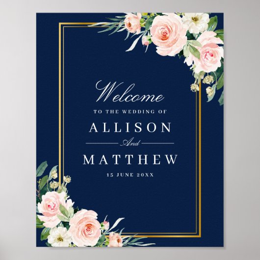 Gold lijst Navy en Blush Wedding Welkomstbord Poster (Voorkant)