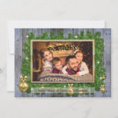 Gold Lijst op Pine Weathered Wood kerstfoto Feestdagenkaart (Voorkant)