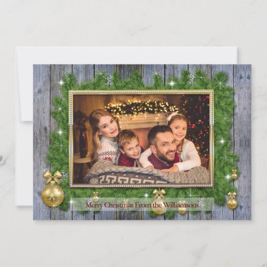 Gold Lijst op Pine Weathered Wood kerstfoto Feestdagenkaart (Voorkant)