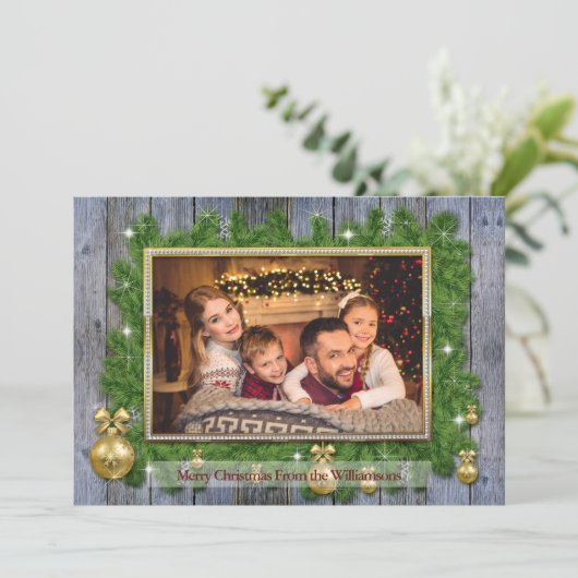 Gold Lijst op Pine Weathered Wood kerstfoto Feestdagenkaart (Staand voorkant)