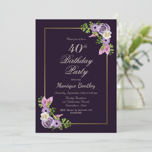 Gold Lijst Paarse Floral 40e verjaardag Kaart (Staand voorkant)