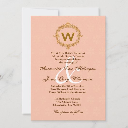 Gold Lijst Peach Monogram Weddenschap Kaart (Voorkant)