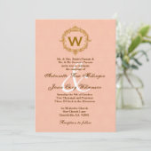 Gold Lijst Peach Monogram Weddenschap Kaart (Staand voorkant)