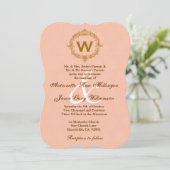Gold  Lijst Peach Monogram Weddenschap Kaart (Staand voorkant)