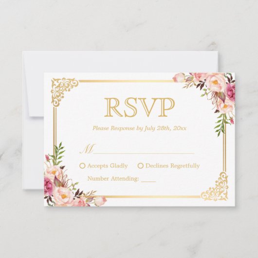  Gold Lijst Roze Floral Wedding RSVP Antwoord (Voorkant)