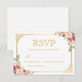  Gold Lijst Roze Floral Wedding RSVP Antwoord (Voorkant / Achterkant)