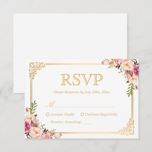  Gold Lijst Roze Floral Wedding RSVP Antwoord (Voorkant / Achterkant)