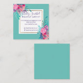 Gold lijst roze florale waterverf blauwgroen make- vierkante visitekaartje (Voorkant / Achterkant)