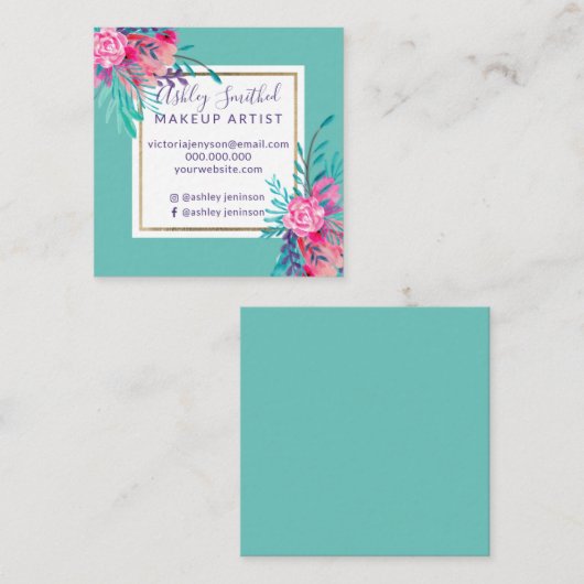 Gold lijst roze florale waterverf blauwgroen make- vierkante visitekaartje (Voorkant / Achterkant)
