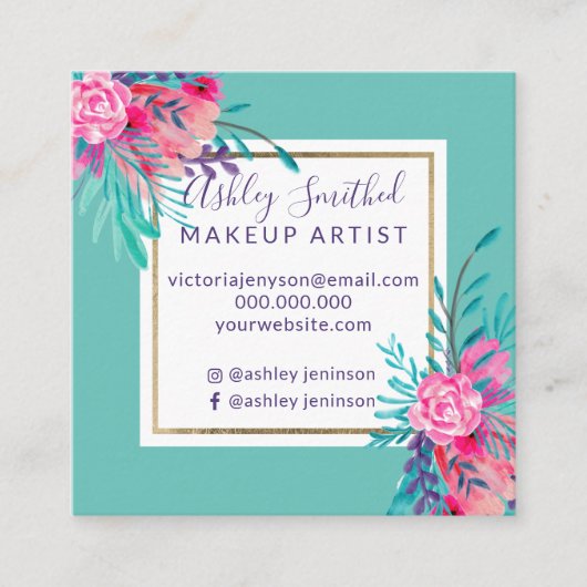 Gold lijst roze florale waterverf blauwgroen make- vierkante visitekaartje (Voorkant)