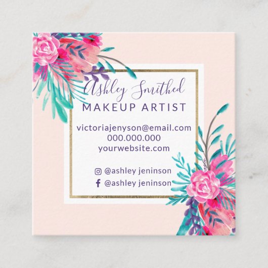 Gold lijst roze florale waterverf make-up vierkante visitekaartje (Voorkant)