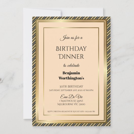 Gold Lijst Striped 30th Birthday Dinner Invitation Kaart (Voorkant)