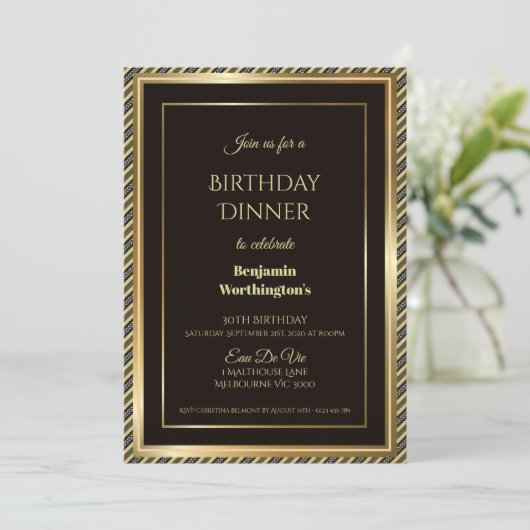 Gold Lijst Striped 30th Birthday Dinner Invitation Kaart (Staand voorkant)