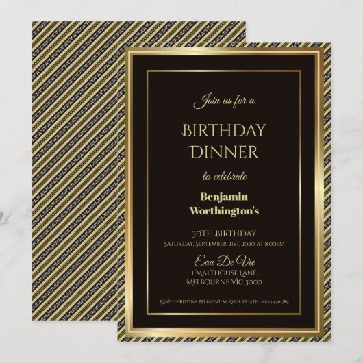 Gold Lijst Striped 30th Birthday Dinner Invitation Kaart (Voorkant / Achterkant)