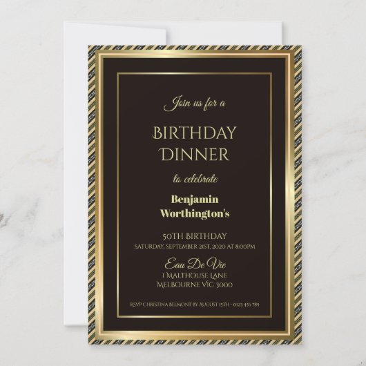Gold Lijst Striped 50th Birthday Dinner Invitation Kaart (Voorkant)