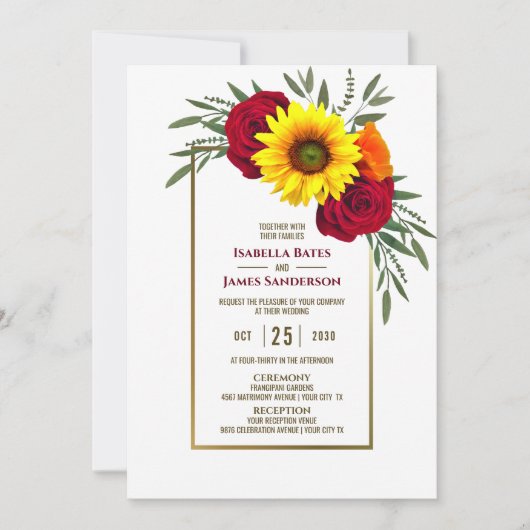 Gold Lijst Sunflower Burgundy Roos Weddenschap Kaart (Voorkant)