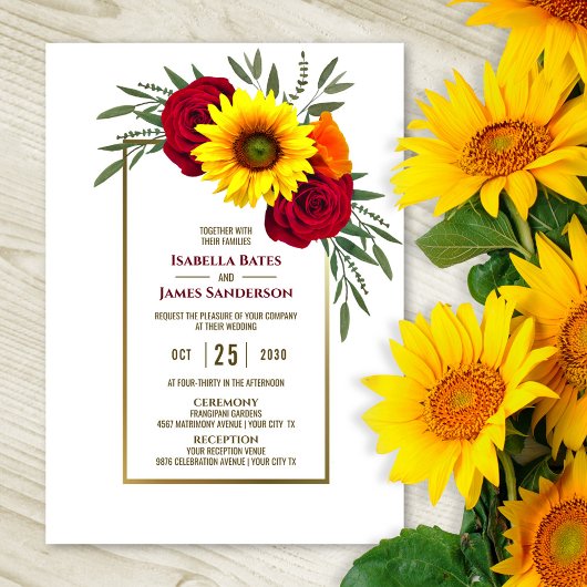 Gold Lijst Sunflower Burgundy Roos Weddenschap Kaart
