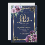 Gold Lijst Violet Flowers Blue 50th Birthday Kaart<br><div class="desc">Elegant goudlijst,  violette bloemen,  en grendel op een blauw marineklein.</div>
