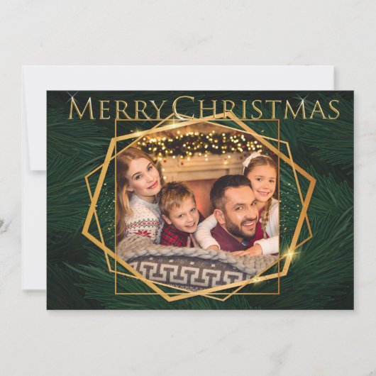 Gold Lijsten op Pine Branches kerstfoto Feestdagenkaart (Voorkant)
