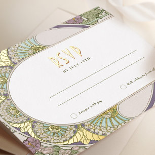 Gold Lila RSVP  Art Nouveau Mucha invoegen Folie Feestdagen Briefkaart