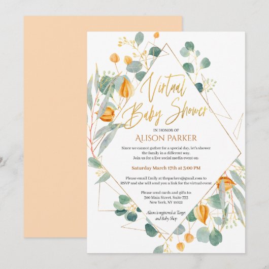 Gold Lily Eucalyptus Natuur | Virtueel Baby shower Kaart (Voorkant / Achterkant)