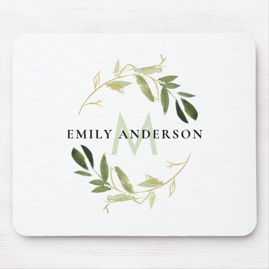 GOLD LIME GREEN FOLIAGE WATERVERF WREATH MONOGRAM MUISMAT (Voorkant)
