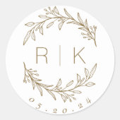 Gold Line Art Botanische Krans Trouwmonogram Ronde Sticker (Voorkant)
