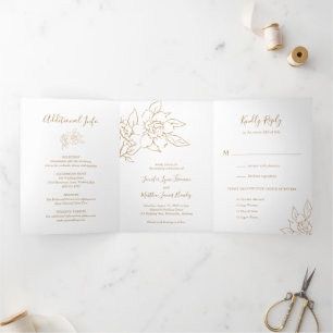 Gold Line Art Floral Elegante bruiloft Drieluik Uitnodiging