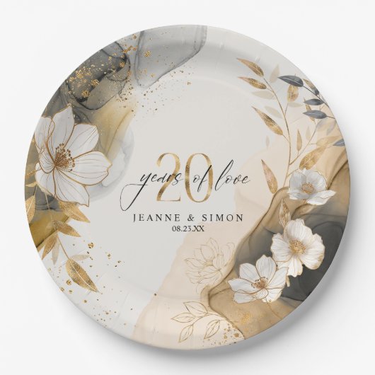 Gold Line Floral 20th Anniversary ID1169 Papieren Bordje (Voorkant)