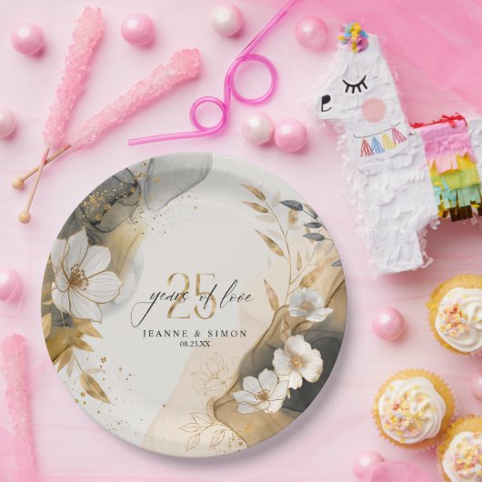 Gold Line Floral 25th Anniversary ID1169 Papieren Bordje (Feest)