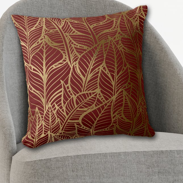 Gold Line Leaf Pattern op Maroon Red Sierkussen (Creator heeft geüpload)