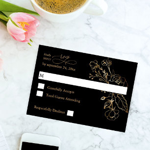 Gold Lined Floral on Black & Gold no Meal RSVP Kaartje