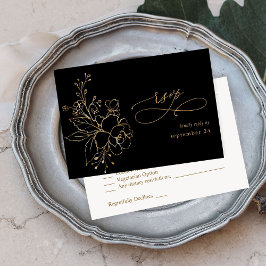 Gold Lined Floral on Black & Gold w Meal RSVP 2 Kaartje