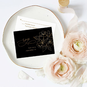 Gold Lined Floral on Black & Gold w Meal RSVP Kaartje