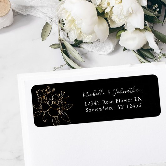 Gold Lined Floral on Black Return Address Label