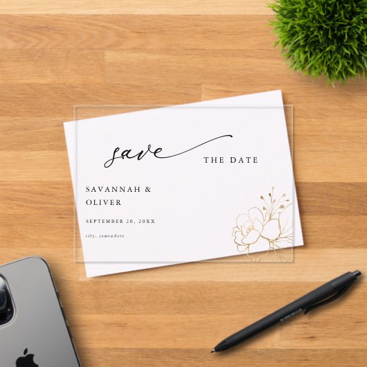 Gold Lined Floral Save the Date Acryl Uitnodigingen (Insitu (Uitnodiging))