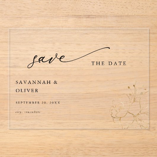 Gold Lined Floral Save the Date Acryl Uitnodigingen (Voorkant)