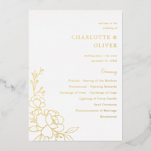 Gold Lined Floral Wedding Ceremony Programme Folie Uitnodiging (Voorkant)