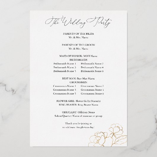 Gold Lined Floral Wedding Ceremony Programme Folie Uitnodiging (Achterkant)