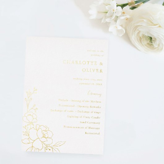 Gold Lined Floral Wedding Ceremony Programme Folie Uitnodiging