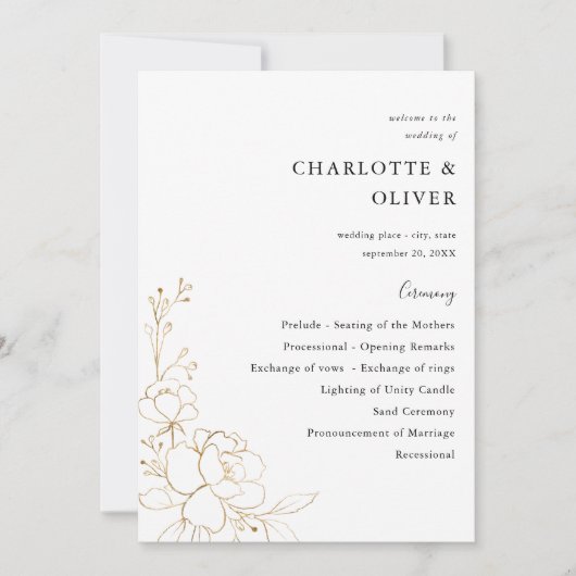 Gold Lined Floral Wedding Ceremony Programme Kaart (Voorkant)