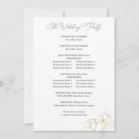 Gold Lined Floral Wedding Ceremony Programme Kaart (Achterkant)