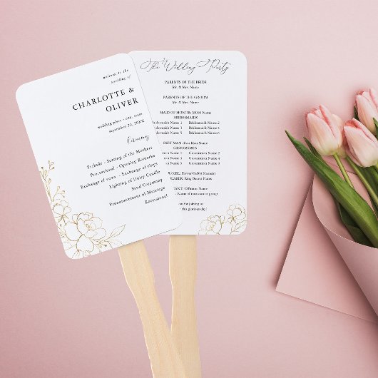 Gold Lined Floral Wedding Programme Handwaaier