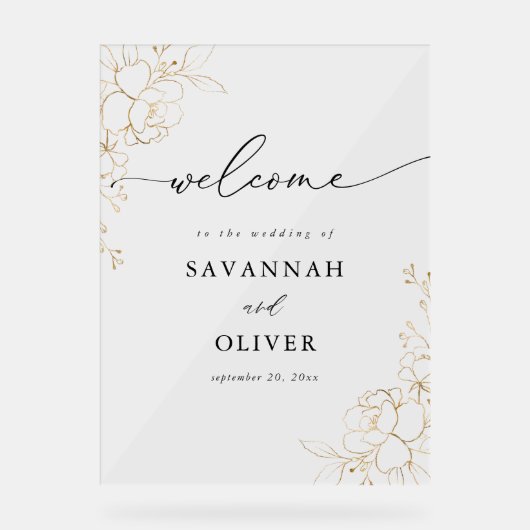 Gold Lined Floral Wedding Welcome Acryl Bord (Voorkant)