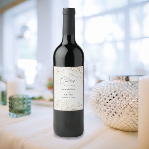 Gold Lined Floral Wedding Wijn Etiket