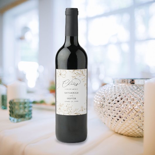 Gold Lined Floral Wedding Wijn Etiket