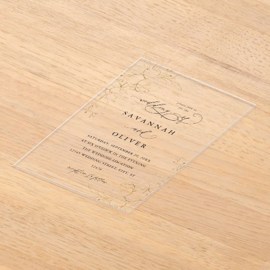 Gold Lined Floral White & Black Wedding Acryl Uitnodigingen (Laagn)