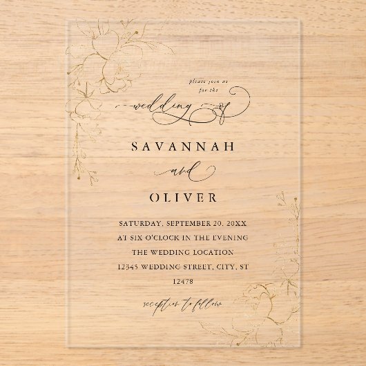 Gold Lined Floral White & Black Wedding Acryl Uitnodigingen (Voorkant)